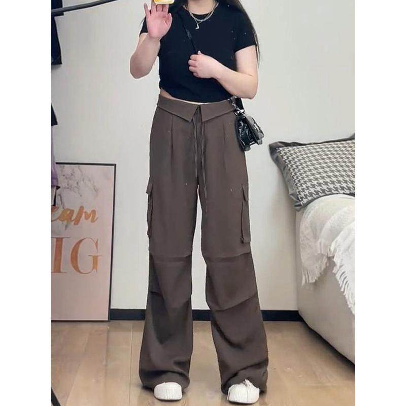 大码胖mm梨型身材棕色休闲百搭遮肚子遮胯显瘦翻边阔腿工装裤,淘宝优惠券,粉丝福利购,淘宝优惠卷