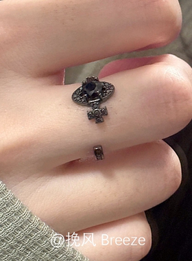 「乌黑亮丽」黑尖晶独特戒指稀奇古怪的食指戒女士重工冷淡风尾戒