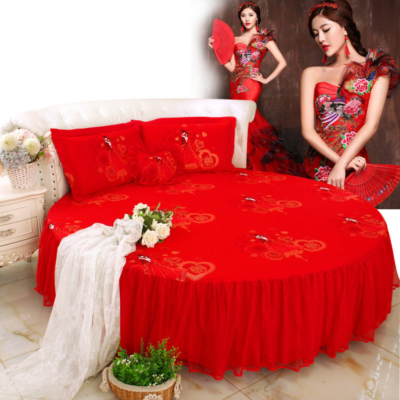 新款情侣婚庆大红色全棉结婚床品圆床四件套圆被套圆床罩圆形床裙,淘宝优惠券,粉丝福利购,淘宝优惠卷