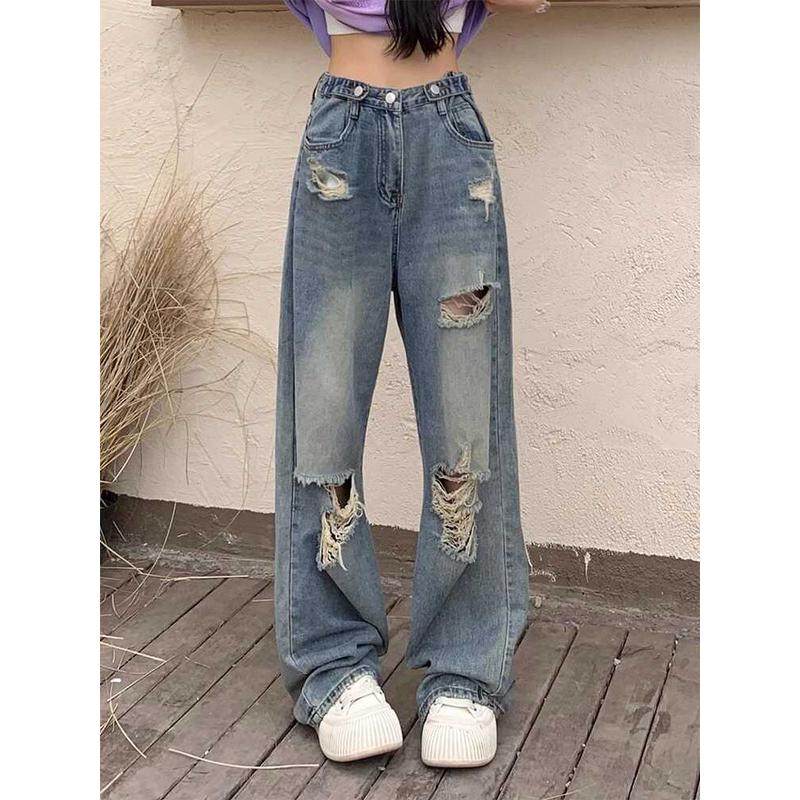 美式破洞女直筒大码胖mm梨型身材设计感显瘦阔腿裤,淘宝优惠券,粉丝福利购,淘宝优惠卷