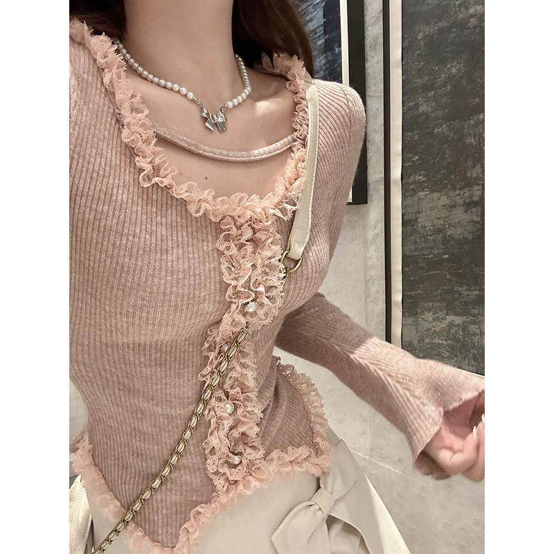 纯欲风蕾丝短款辣妹长袖打底衫毛衣秋冬加厚内搭喇叭袖女,淘宝优惠券,粉丝福利购,淘宝优惠卷