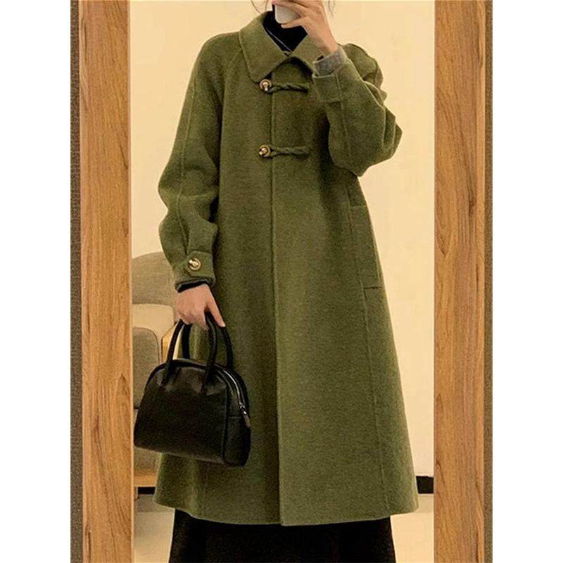 高级感绿色呢子大衣女中长款2023秋冬日系小个子搭配显高毛呢,淘宝优惠券,粉丝福利购,淘宝优惠卷