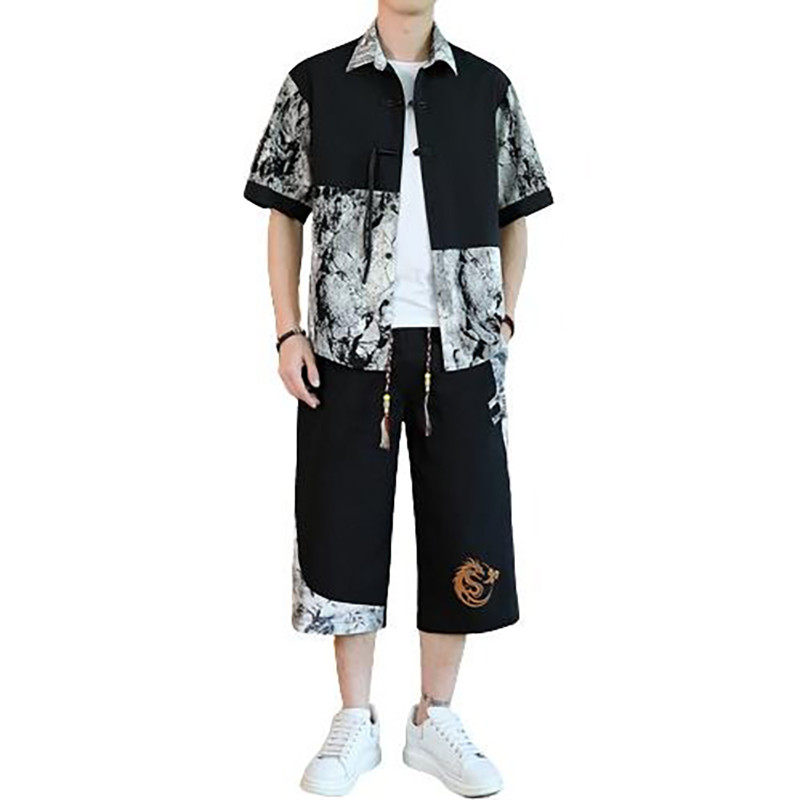 中国风衬衣男士夏季套装大码薄款新中式国潮拼色衬衫两件套男,淘宝优惠券,粉丝福利购,淘宝优惠卷