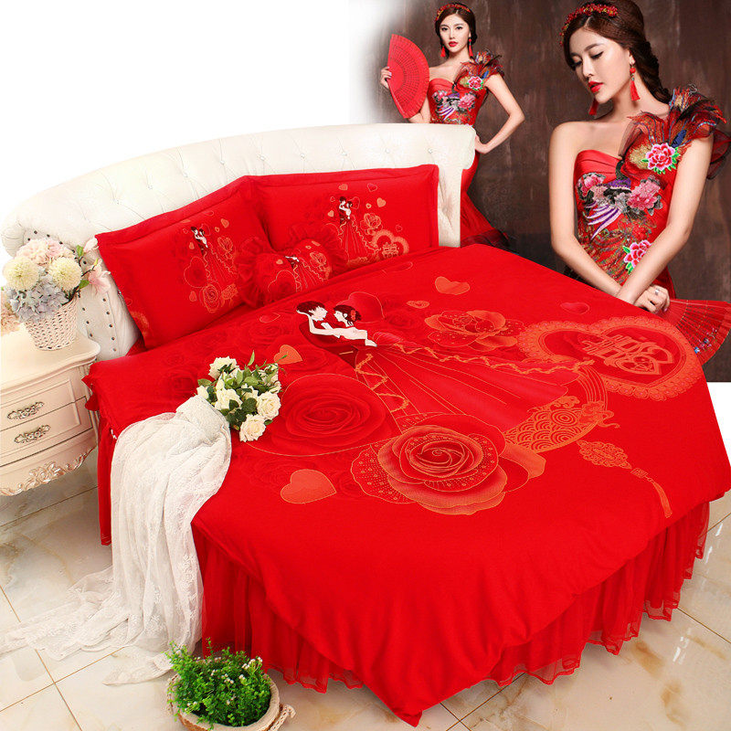 新款情侣婚庆大红色全棉结婚床品圆床四件套圆被套圆床罩圆形床裙,淘宝优惠券,粉丝福利购,淘宝优惠卷