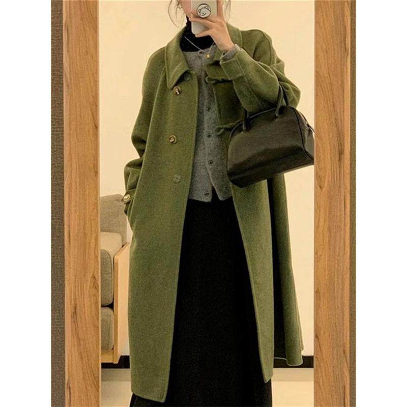 高级感绿色呢子大衣女中长款2023秋冬日系小个子搭配显高毛呢,淘宝优惠券,粉丝福利购,淘宝优惠卷