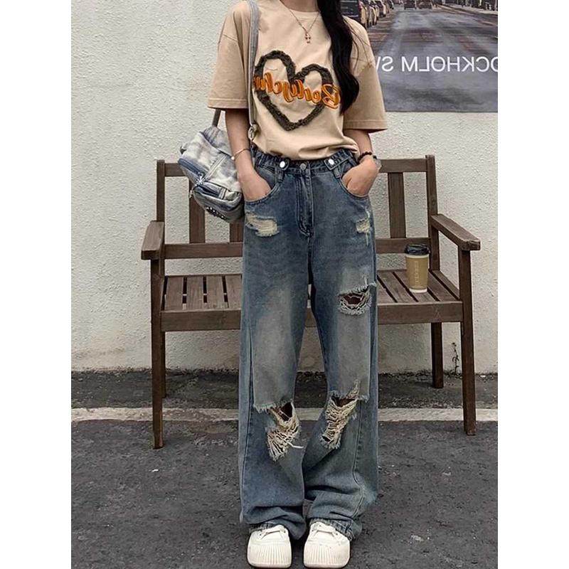 美式破洞女直筒大码胖mm梨型身材设计感显瘦阔腿裤,淘宝优惠券,粉丝福利购,淘宝优惠卷