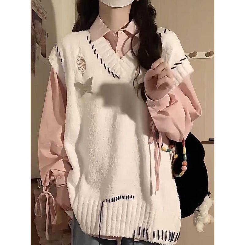 两件套装学院风设计感流苏百搭V领衫毛衣马甲女学生+衬衫,淘宝优惠券,粉丝福利购,淘宝优惠卷