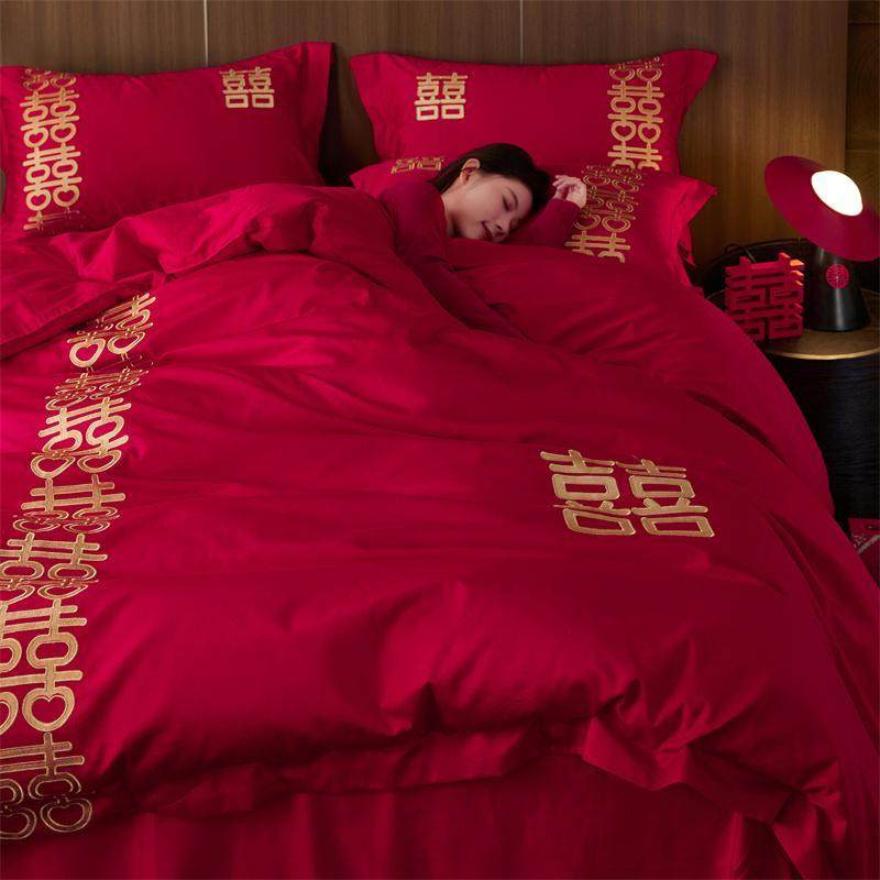 中式大红色结婚四件套全棉纯棉刺绣喜被床单长绒棉婚庆六件套,淘宝优惠券,粉丝福利购,淘宝优惠卷