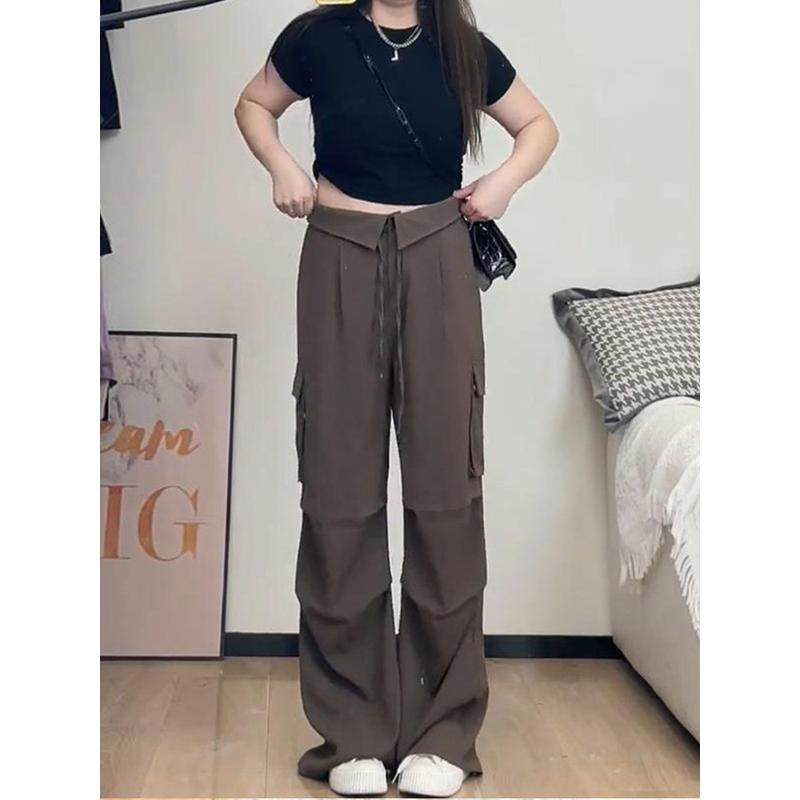 大码胖mm梨型身材棕色休闲百搭遮肚子遮胯显瘦翻边阔腿工装裤,淘宝优惠券,粉丝福利购,淘宝优惠卷