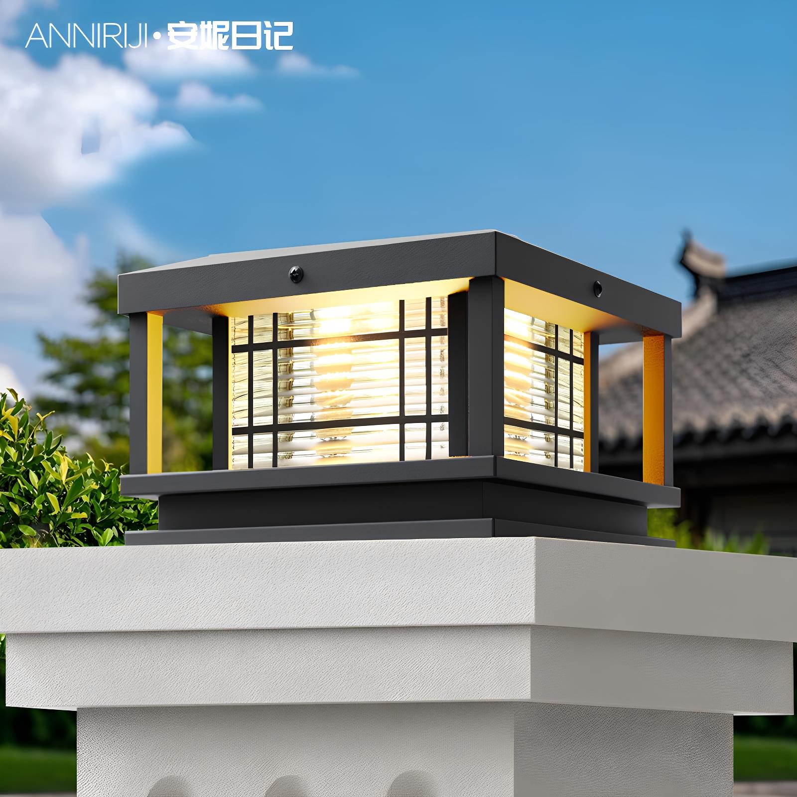 新中式太阳能柱头灯户外别墅庭院大门口两侧柱子围墙灯免布线 线 - 图0