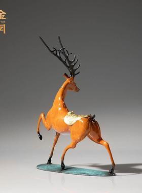 《福禄相随》铜金岁月全黄铜鹿摆件工艺品铜器新中式客厅玄关装饰
