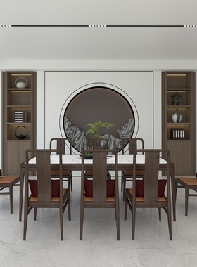 新中式实木餐桌椅组合长方形岩板饭桌现代简约轻奢餐桌家用样板房
