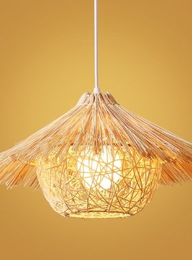 创意田园个性竹编吊灯卧室餐厅农家乐草帽藤艺复古卡座小包间吊灯
