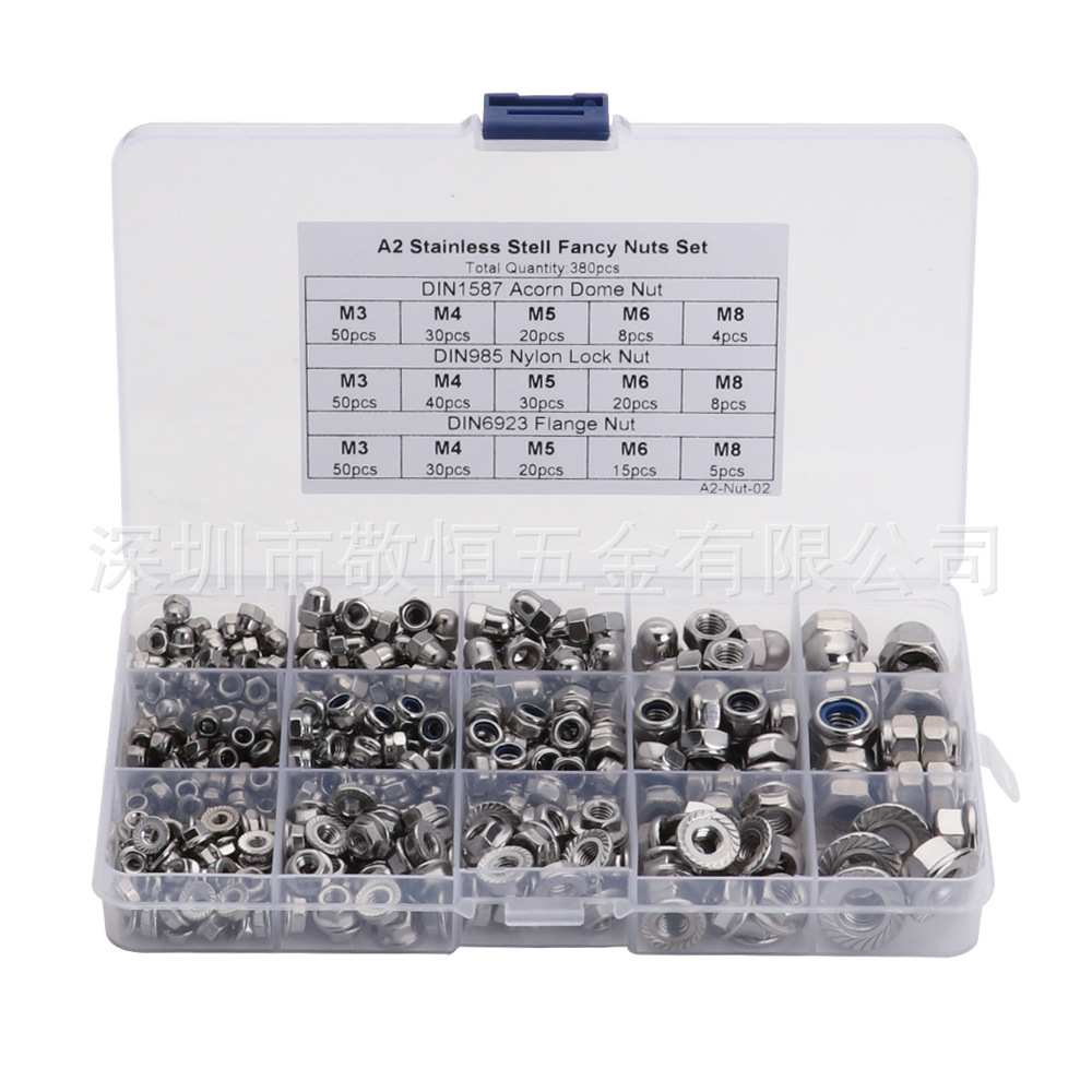 380pcs M3 M4 M5 M6 M8 不锈钢304尼龙法兰盖母螺母组合套装 - 图3