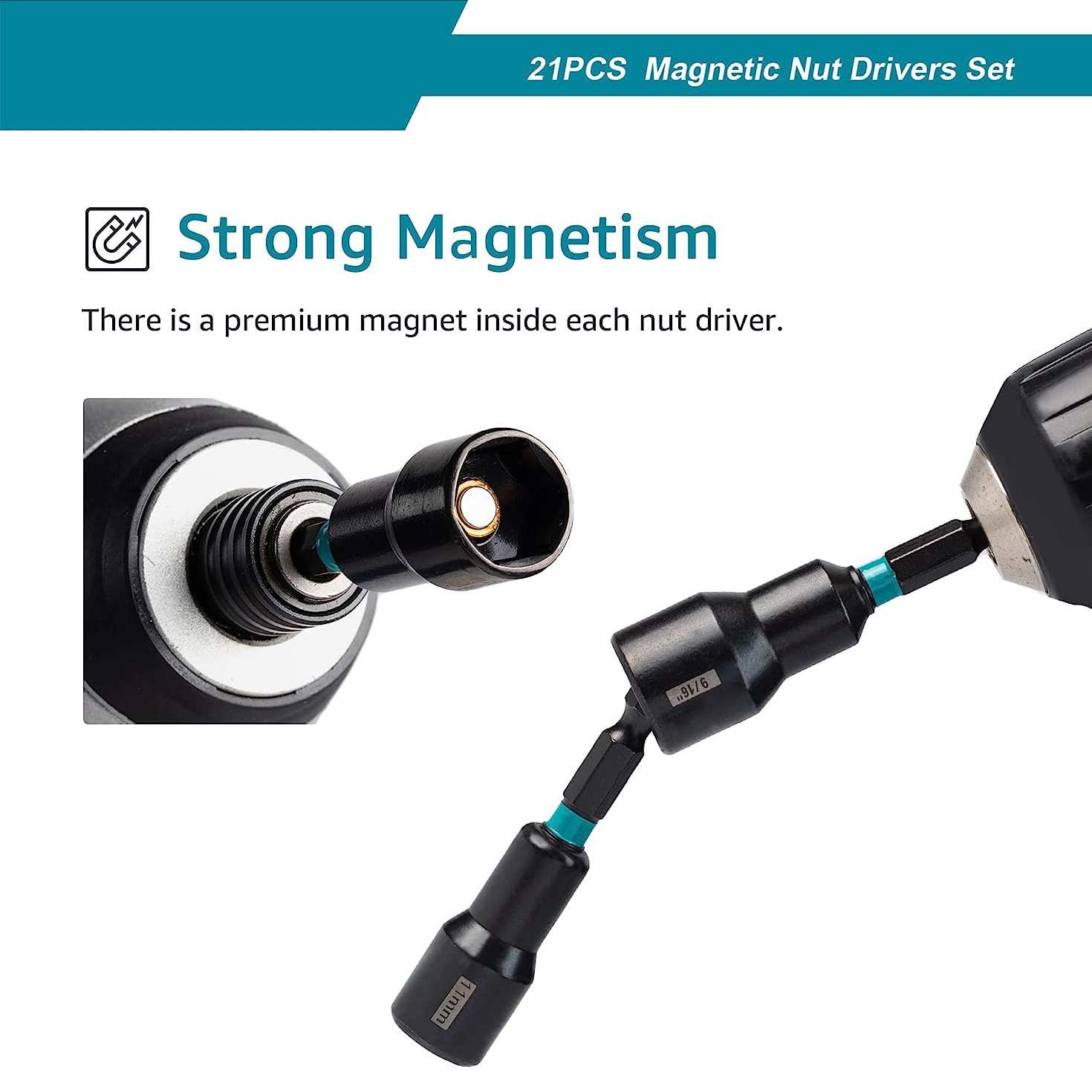 21PCS磁性风批套筒1/4六角气动起子套筒公英制螺母加长Nut Driver - 图2