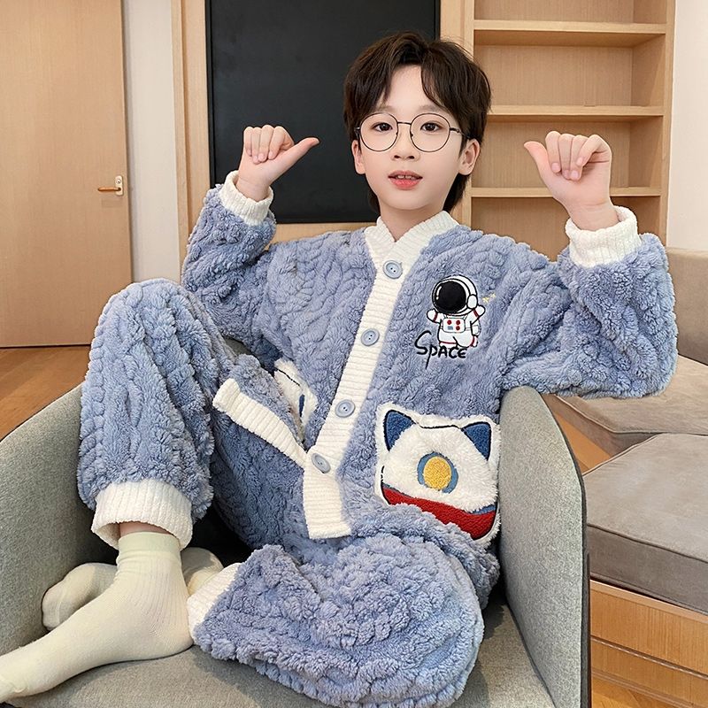 男童睡衣秋冬款珊瑚绒加厚法兰绒儿童加绒套装冬季小男孩家居服 - 图0