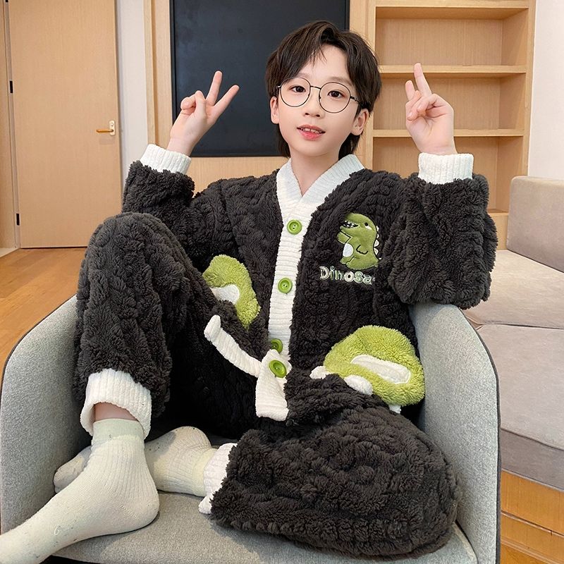 男童睡衣秋冬款珊瑚绒加厚法兰绒儿童加绒套装冬季小男孩家居服 - 图3