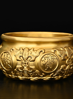 纯黄铜实心聚宝盆缸铜米缸中式摆件客厅家居店铺聚财小铜盆存钱罐