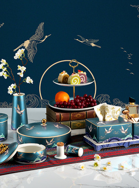 新中式家居装饰品陶瓷茶几摆件客厅轻奢托盘套装国潮风桌面收纳