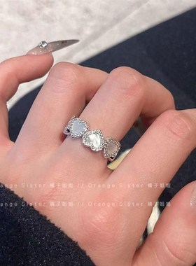 小众设计天然贝母温柔风爱心戒指女食指环套装开口可调节高级感