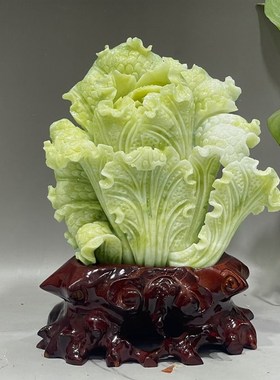 玉石摆件岫玉坐地生财天然雕刻招财玉白菜家居装饰博古架摆设
