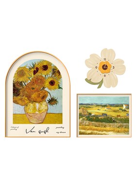 奶油风装饰画钟表挂钟客厅世界名画挂画梵饭厅壁画