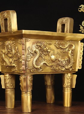 黄色铜兽鼎摆件  铜鼎摆件 铜四方鼎摆件  铜双龙鼎摆件