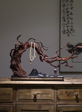 新中式禅意枯木山水根雕造景摆件实木玄关电视柜酒店桌面家居装饰