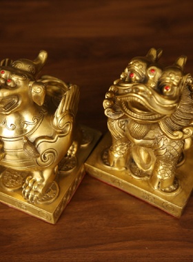 铜貔貅摆件一对纯黄铜单角方底皮丘家用客厅店铺开业装饰店铺聚财