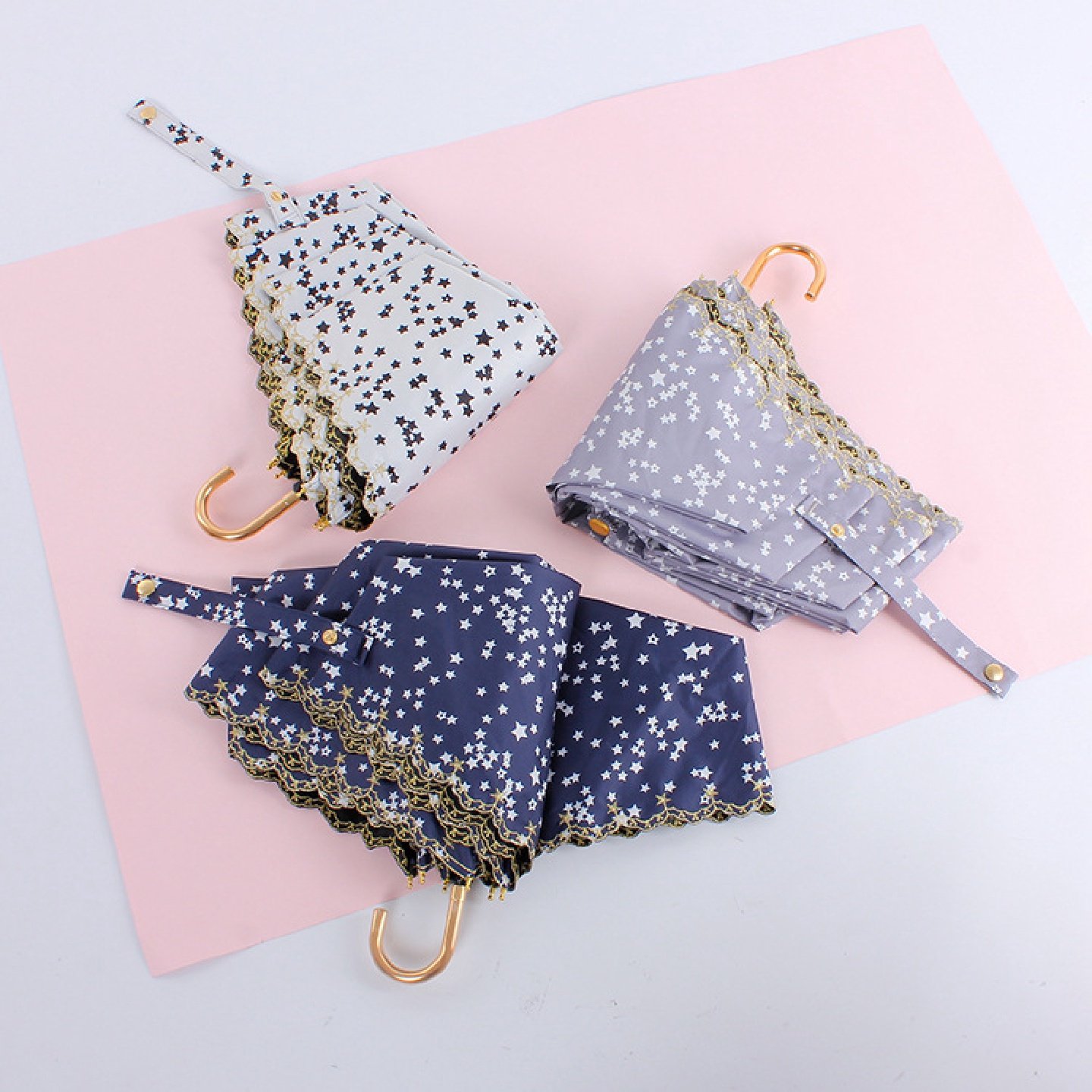 现货新款数码印五角星星刺绣黑胶全遮金色弯柄弯钩遮阳伞晴雨伞,淘宝优惠券,粉丝福利购,淘宝优惠卷