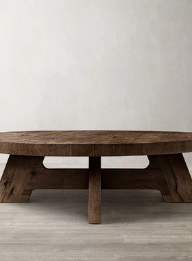 美式乡村复古做旧全实木客厅家用茶几法式现代橡木圆形咖啡桌边几