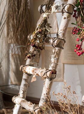 白桦木梯子装饰摆件收纳整理花园庭院园艺花艺拍摄道具