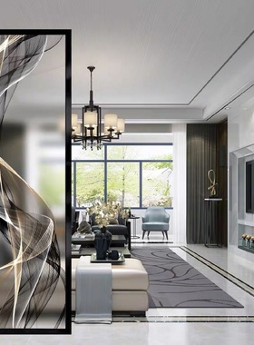 北欧现代轻奢艺术彩绘钢化玻璃屏风隔断墙办公室客厅玄关入户遮挡