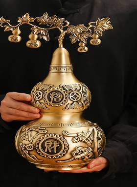 黄铜八宝招财葫芦摆件室内桌面可开盖开口空心天医福禄葫芦工艺品