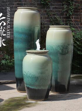 鱼池黑色涌水陶罐客厅循r环流水花瓶式加湿器冒水系摆件喷泉水景