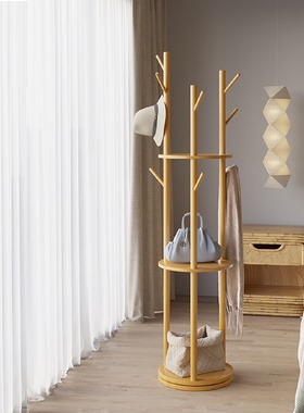 W7实木衣帽架旋转衣架落地卧室家用多功能挂衣架客厅简易立式衣架