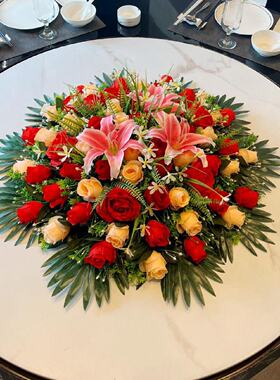 饭店餐桌花绢花圆桌装饰花餐桌摆台花圆桌花艺酒店大圆桌中间摆花