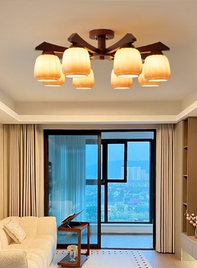 新中式吊灯中古客厅主灯简约现代胡桃色复古中国风别墅卧室餐厅灯