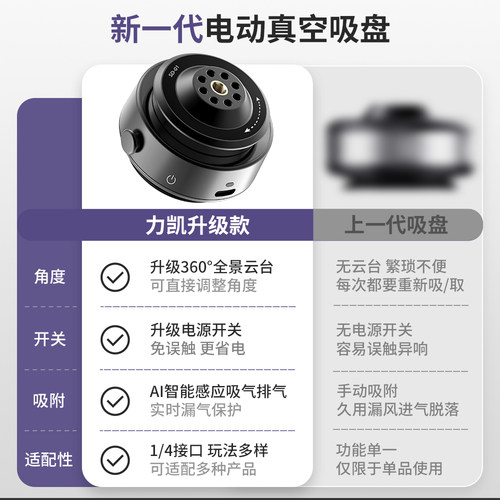 力凯SD01电动真空吸盘支架DJI大疆Action6/5/4运动相机pocket4/3车载底座配件Gopro固定拍摄玻璃吸附手机支架 - 图0