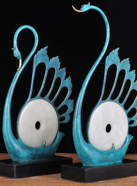 彩铜双鹅怀玉摆件一对轻奢创意天鹅玉石平安扣家居客厅玄关装饰品