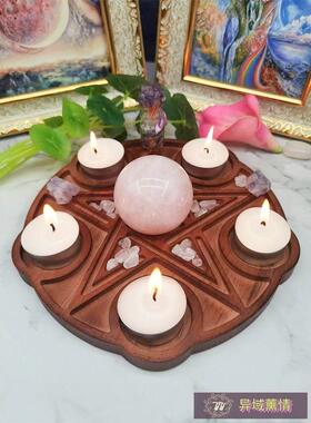 木质五芒星雕刻烛台蜡烛杯蜡 木制 水晶摆件 装饰 覆古 欧式