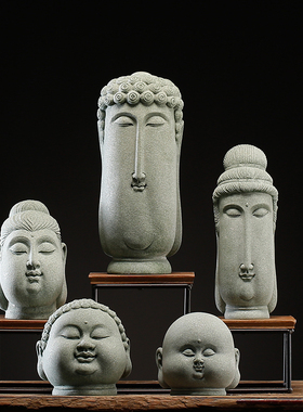 青砂石佛头装饰品摆件桌面创意微景观鱼缸盆景造景佛像家居摆设