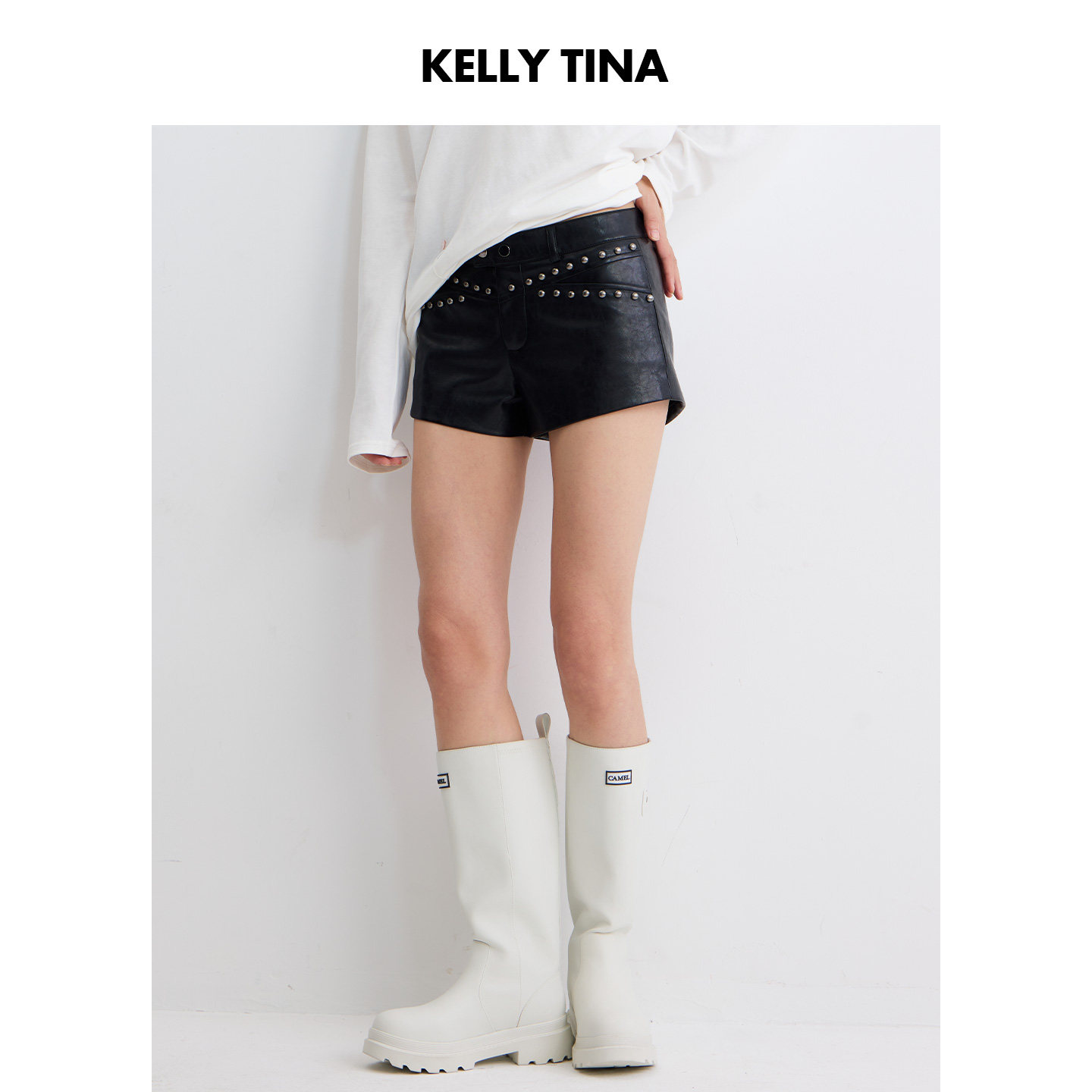 KELLY TINA 美式酷辣风铆钉皮短裤女显瘦百搭辣妹热裤蛋白皮裤子,淘宝优惠券,粉丝福利购,淘宝优惠卷