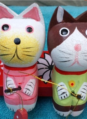 地中饰六小猫钓鱼纯手工木质居书房饰