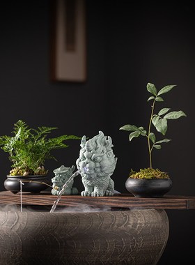 国潮瑞兽龙龟招财流水循环水创意麒麟出水古法养鱼缸装饰