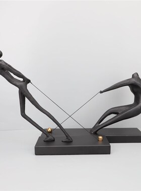 新中式黑色铸铁拉绳人摆件样板y房售楼部卧室书房客厅桌面玄关饰