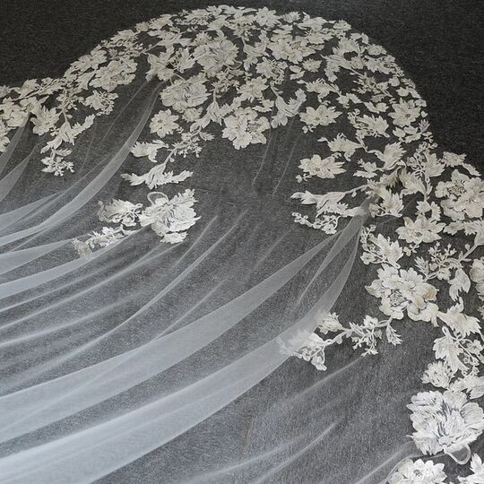 新娘结婚复古森系婚礼蕾丝头纱扇形大教堂带发梳高端长款拍照头饰