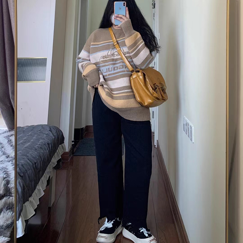 300斤大尺码女装胖mm牛仔裤女毛边梨形身材黑R色遮胯显瘦直筒裤子 - 图1