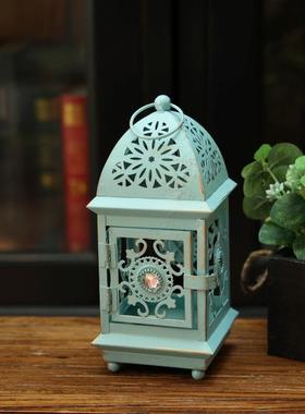 东南亚覆古风做旧电子蜡烛台铁艺镂空工艺品拍照道具氛围风灯摆件