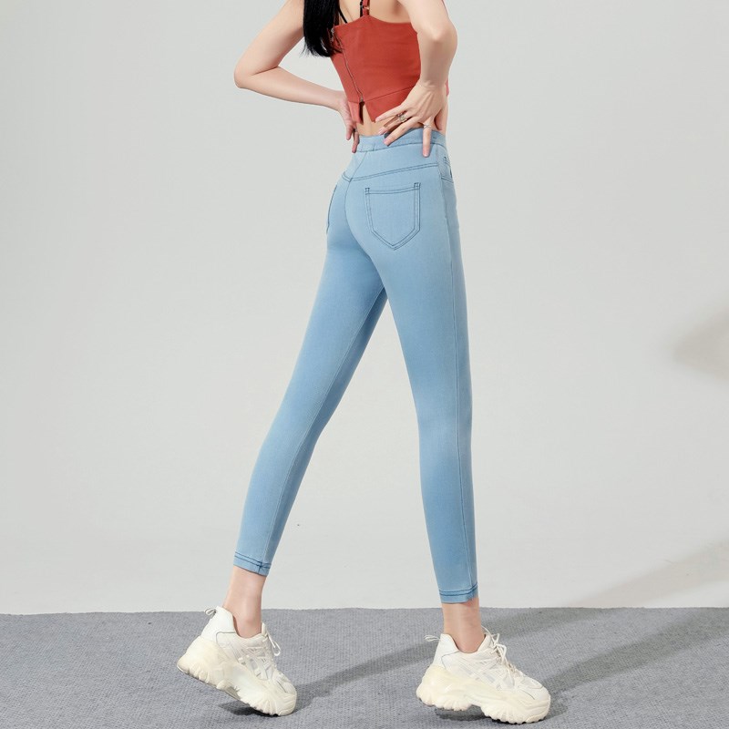 高弹轻薄款软白色紧身牛仔裤女高腰九分2023夏超薄八分松紧腰小脚 - 图1